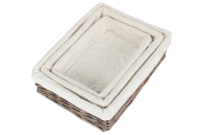 Lined Antique Wash Rectangular Straight Sided Tray Basket Set 3