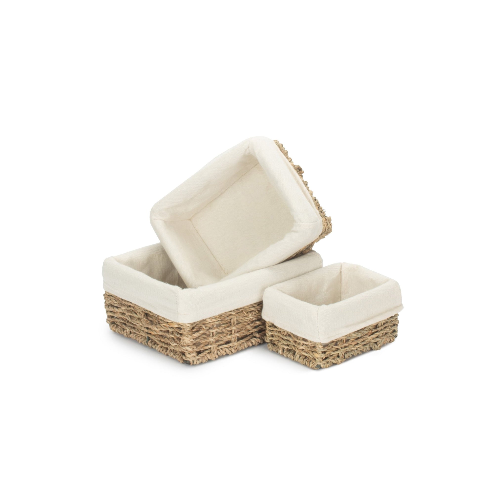 Rectangular Seagrass Small Tray Baskets with White Lining Set 3