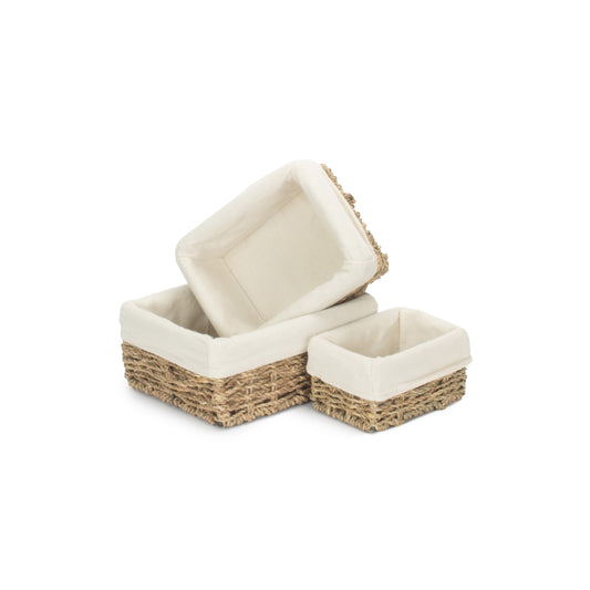 Rectangular Seagrass Small Tray Baskets with White Lining Set 3