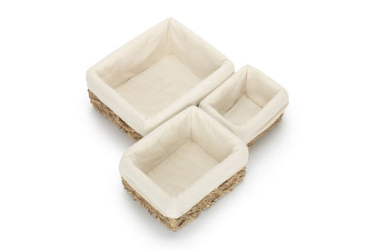 Rectangular Seagrass Small Tray Baskets with White Lining Set 3