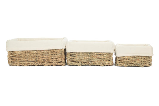 Rectangular Seagrass Small Tray Baskets with White Lining Set 3