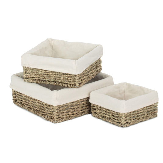 Lined Square Seagrass Tray Baskets Set 3