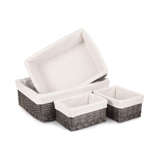 Antique Wash Willow Tray Baskets with White Lining Set 4