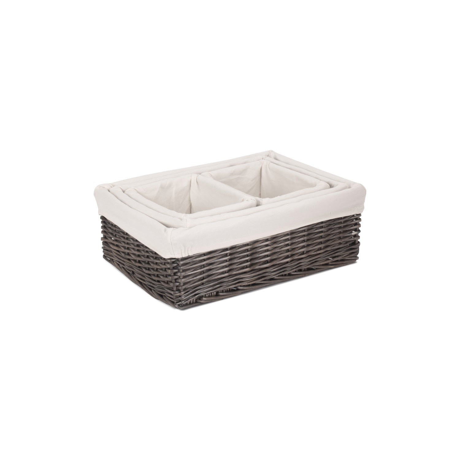 Antique Wash Willow Tray Baskets with White Lining Set 4