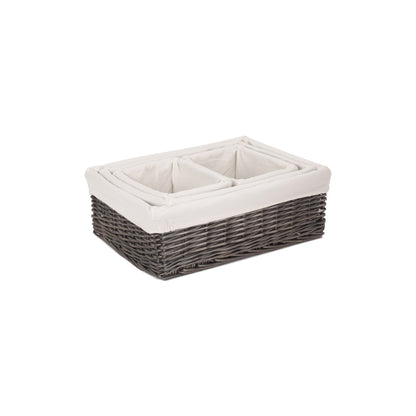 Antique Wash Willow Tray Baskets with White Lining Set 4