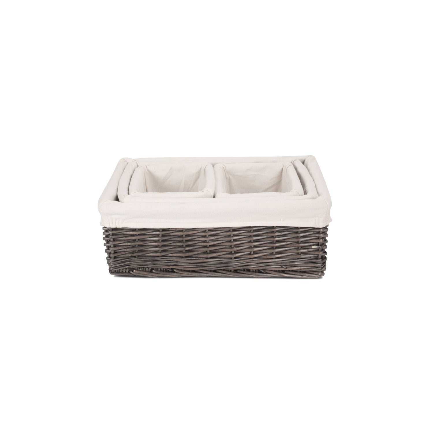 Antique Wash Willow Tray Baskets with White Lining Set 4