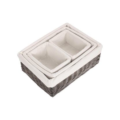 Antique Wash Willow Tray Baskets with White Lining Set 4