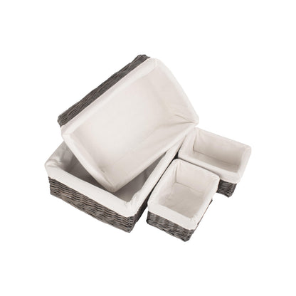 Antique Wash Willow Tray Baskets with White Lining Set 4