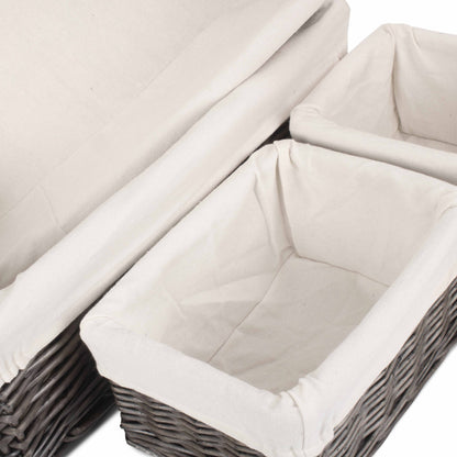 Antique Wash Willow Tray Baskets with White Lining Set 4