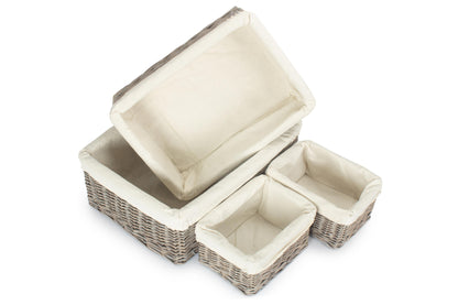 Grey Wash Willow Tray Baskets with White Lining Set 4