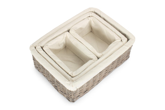 Grey Wash Willow Tray Baskets with White Lining Set 4