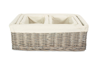Grey Wash Willow Tray Baskets with White Lining Set 4