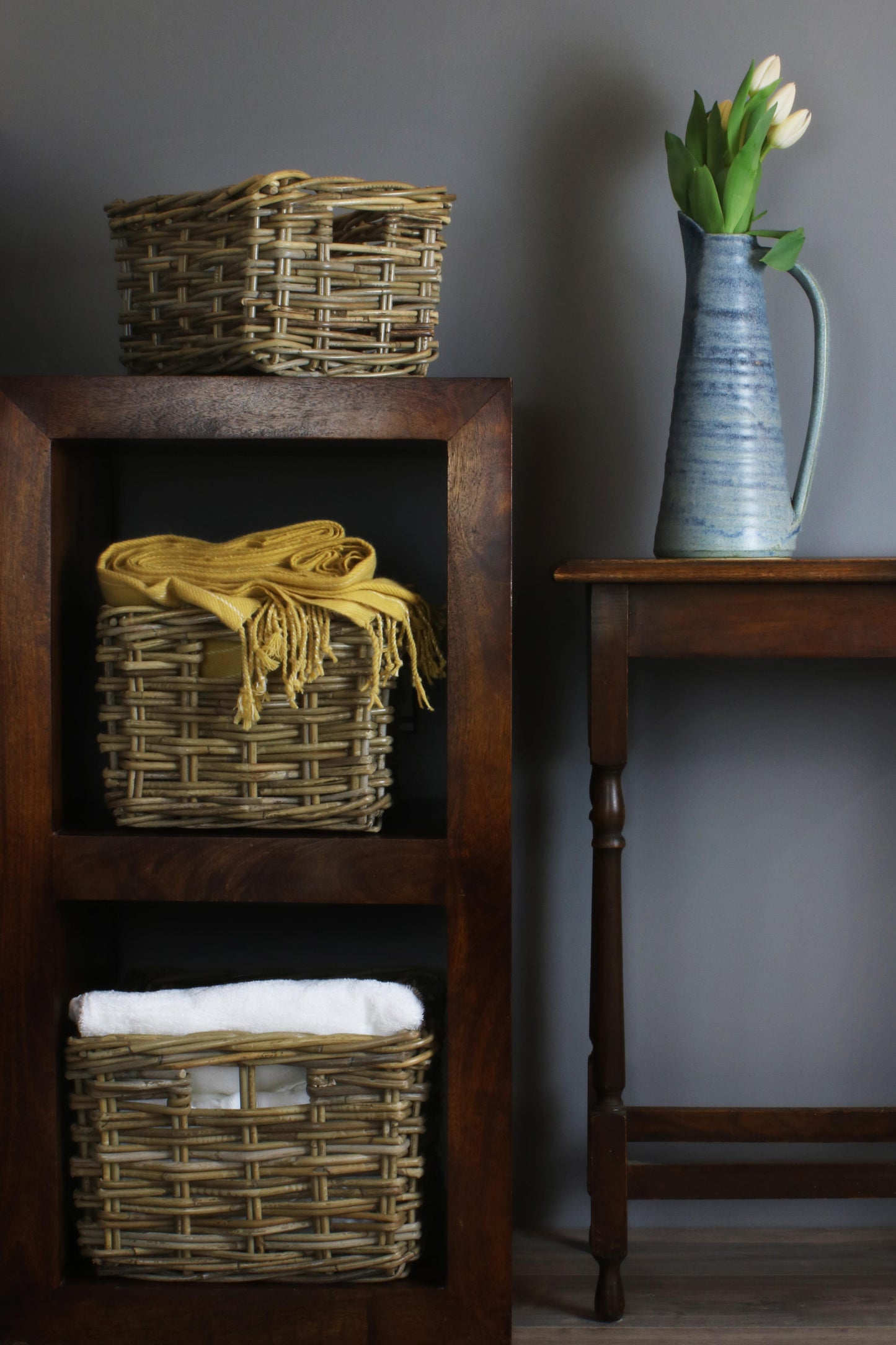 Rectangular Grey Rattan Storage Basket Set 3