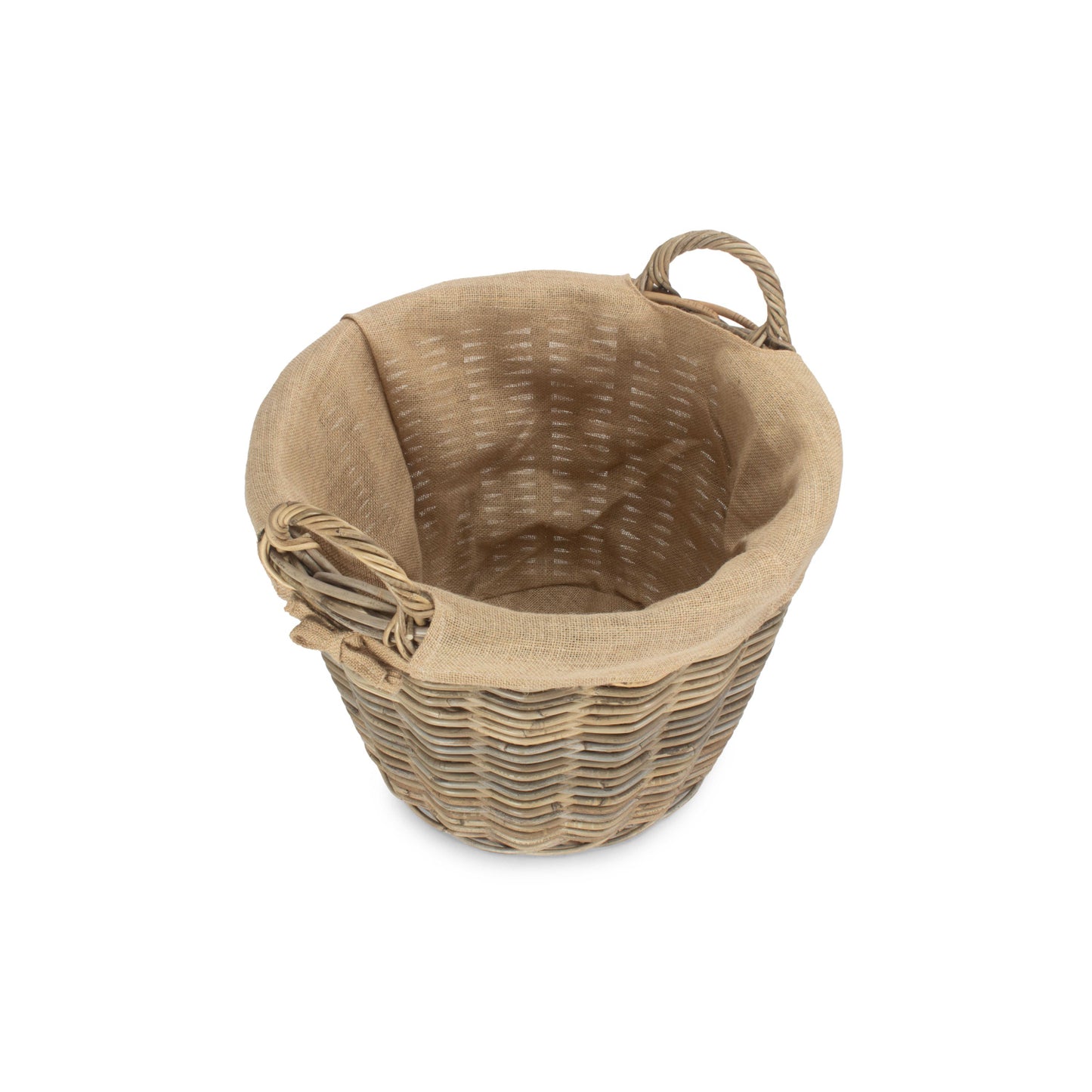Round Grey Rattan Log Basket With Hessian Lining