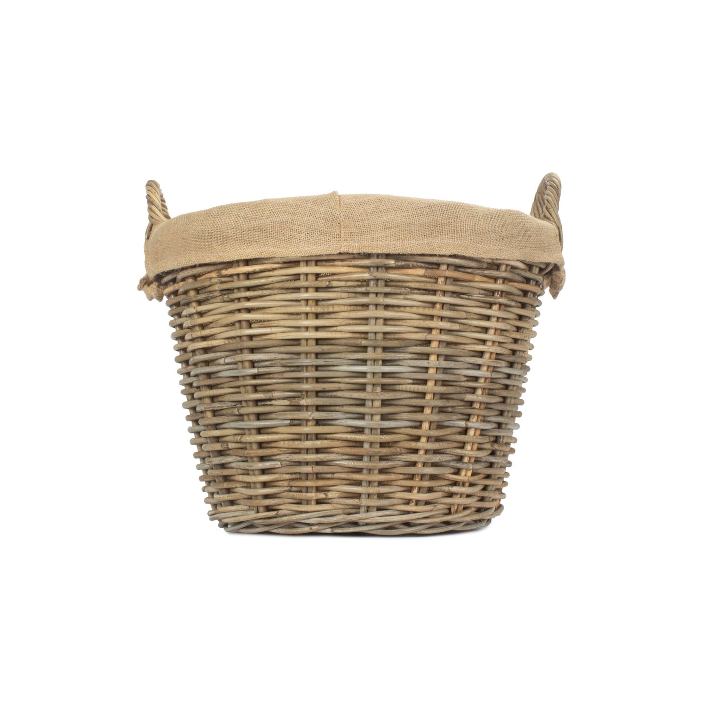 Round Grey Rattan Log Basket With Hessian Lining