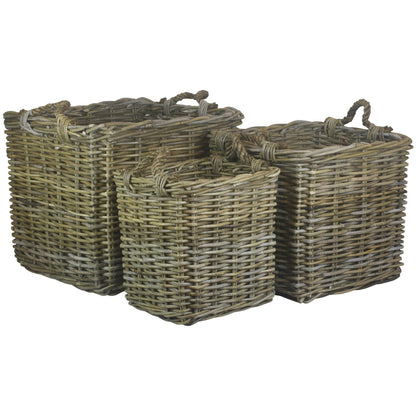 Square Grey Rattan Log Basket Set 3
