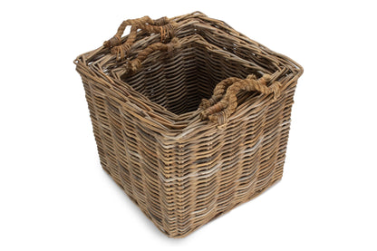 Square Grey Rattan Log Basket Set 3