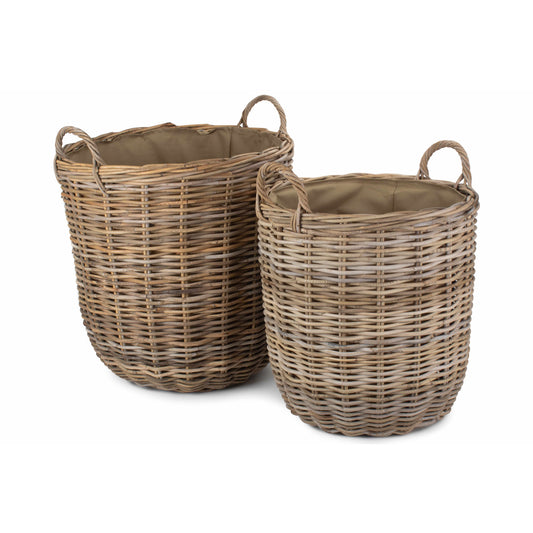 Cordura Lined Tall Round Fireside Grey Rattan Log Basket Set 2