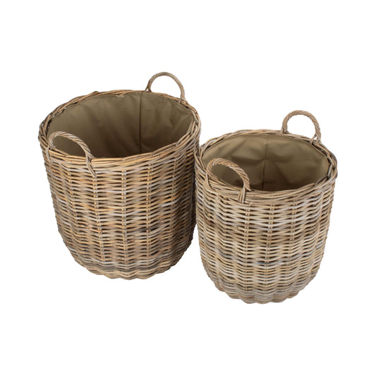 Cordura Lined Tall Round Fireside Grey Rattan Log Basket Set 2