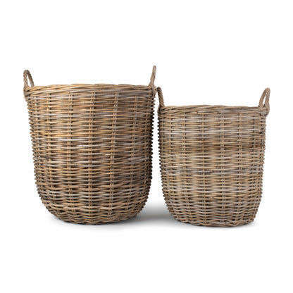 Cordura Lined Tall Round Fireside Grey Rattan Log Basket Set 2