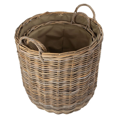 Cordura Lined Tall Round Fireside Grey Rattan Log Basket Set 2