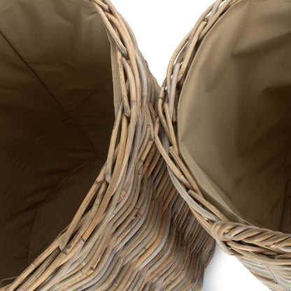 Cordura Lined Tall Round Fireside Grey Rattan Log Basket Set 2