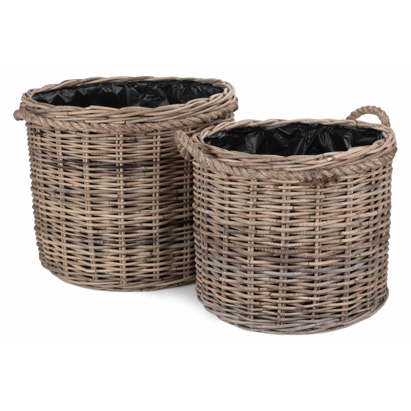 Rope Handled Rattan Round Planter With Plastic Lining Set 2