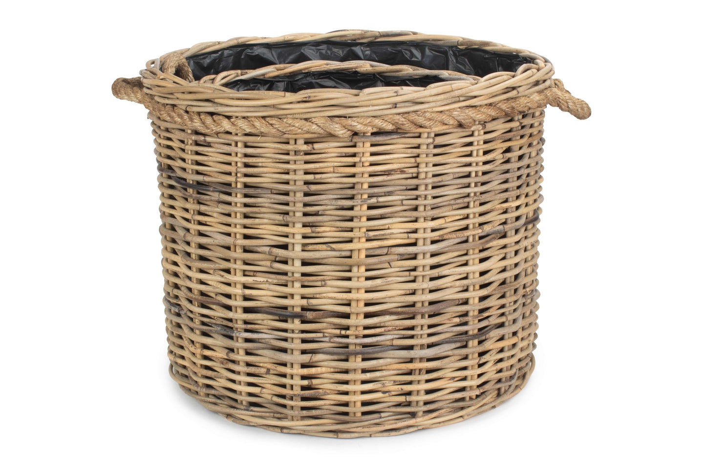 Rope Handled Rattan Round Planter With Plastic Lining Set 2