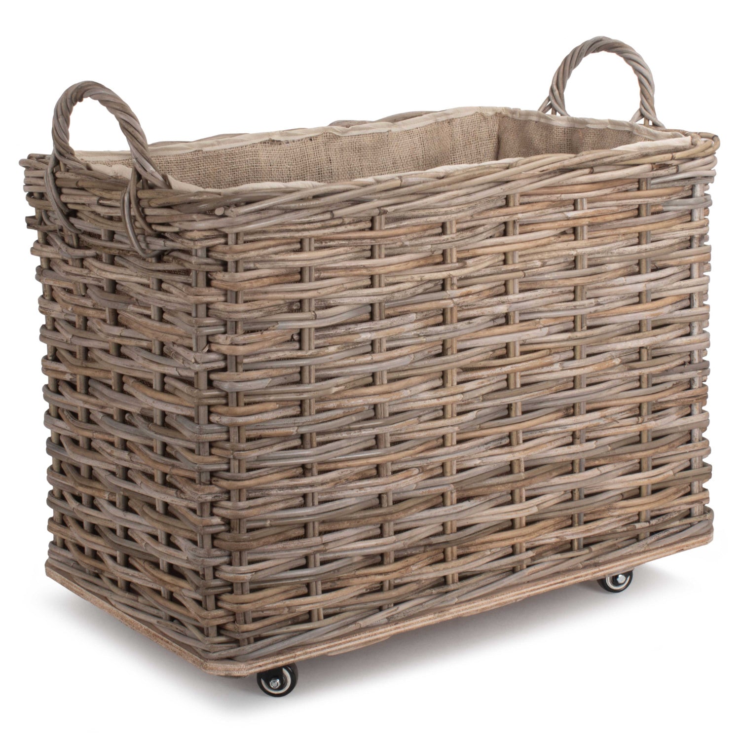 Small Wheeled Rattan Hessian Lined Log Basket