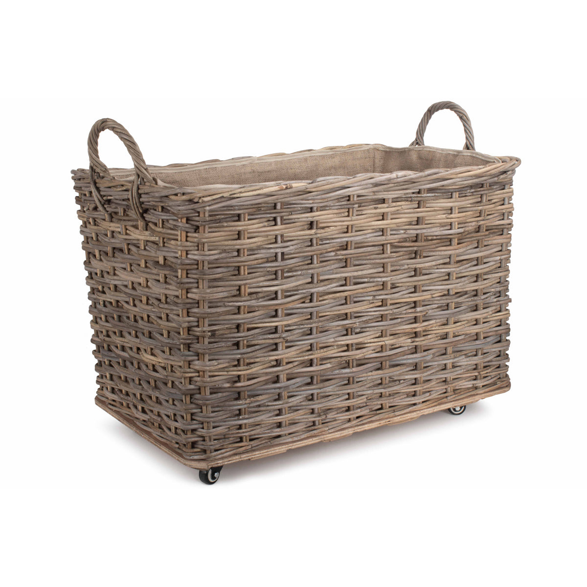 Large Wheeled Rattan Hessian Lined Log Basket
