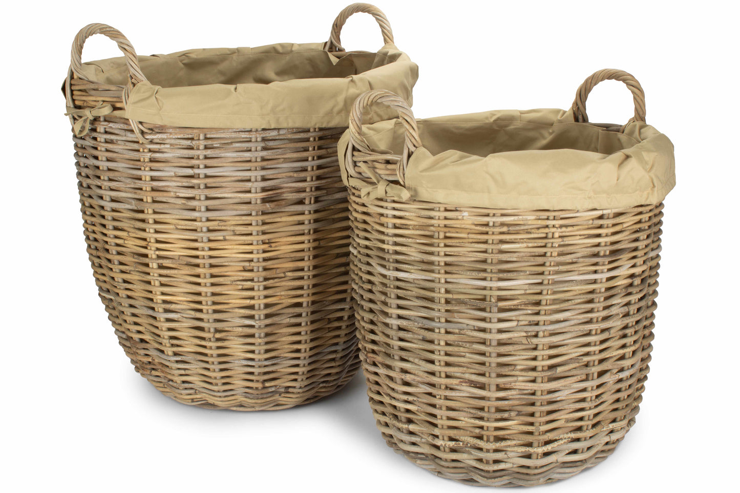 Tall Round Kubu Rattan Log Basket with Cordura Lining Set 2