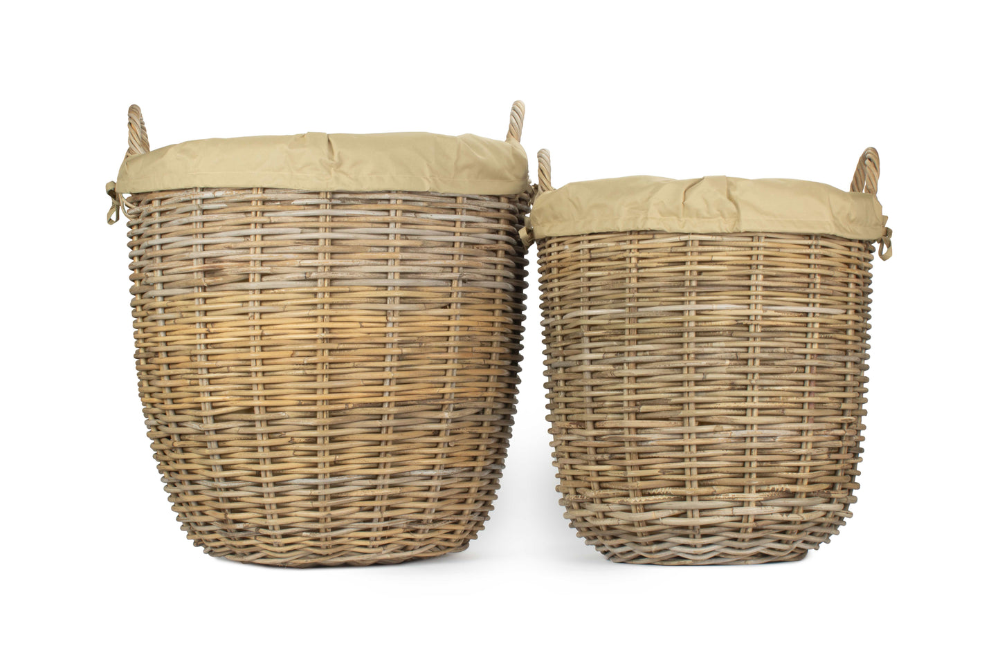 Tall Round Kubu Rattan Log Basket with Cordura Lining Set 2