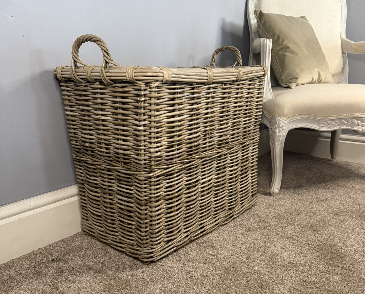 Kubu Rattan Rectangular Log Basket Hoop Handles