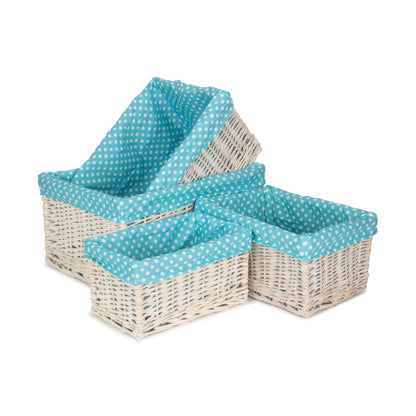 White Wash Willow Storage Basket with Blue Spotty Lining Set 4