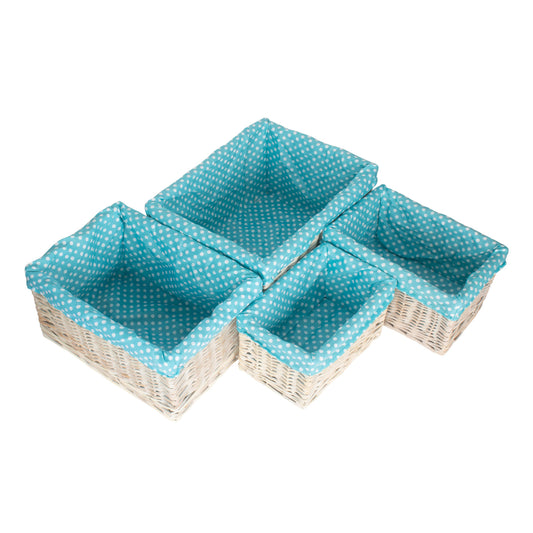 White Wash Willow Storage Basket with Blue Spotty Lining Set 4