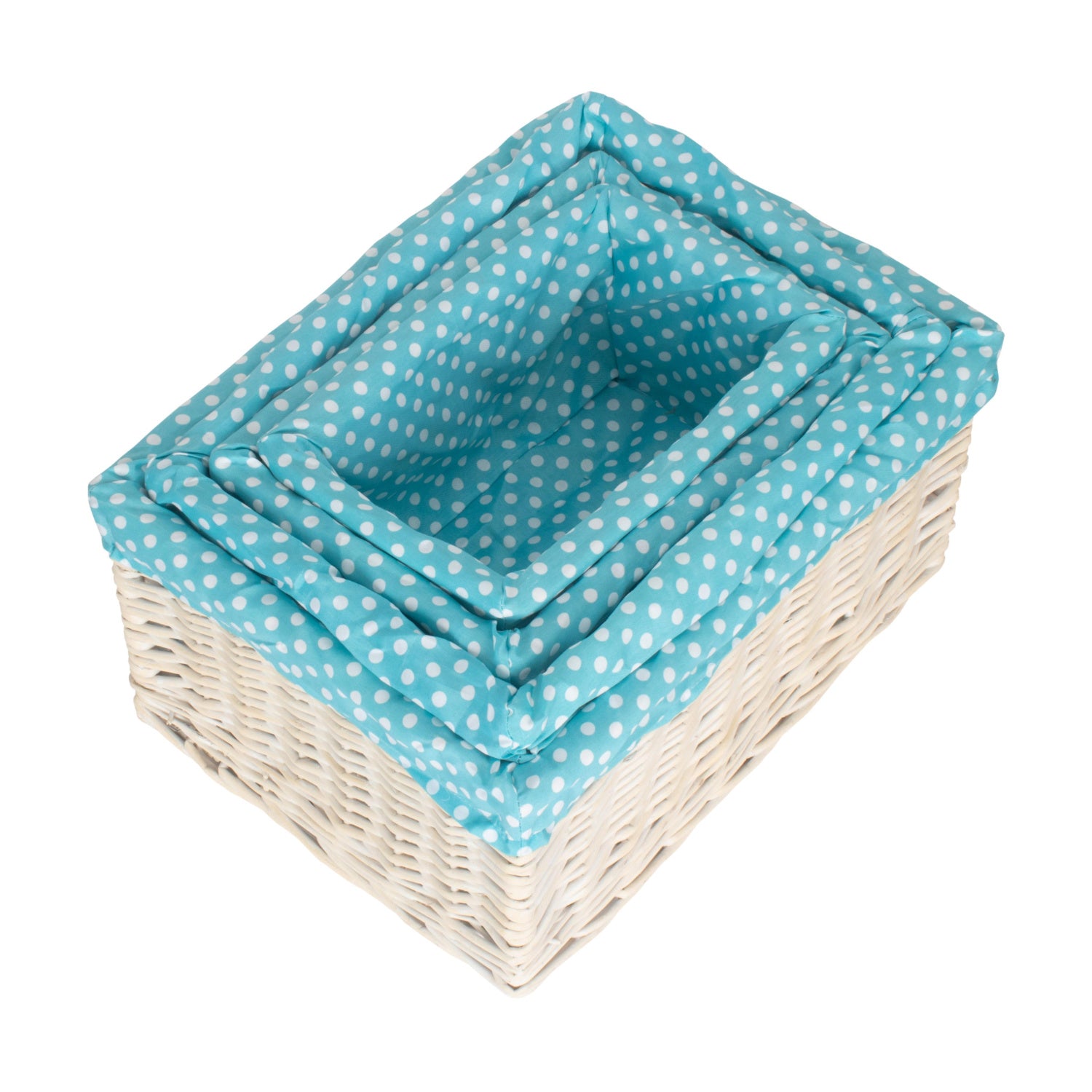 White Wash Willow Storage Basket with Blue Spotty Lining Set 4