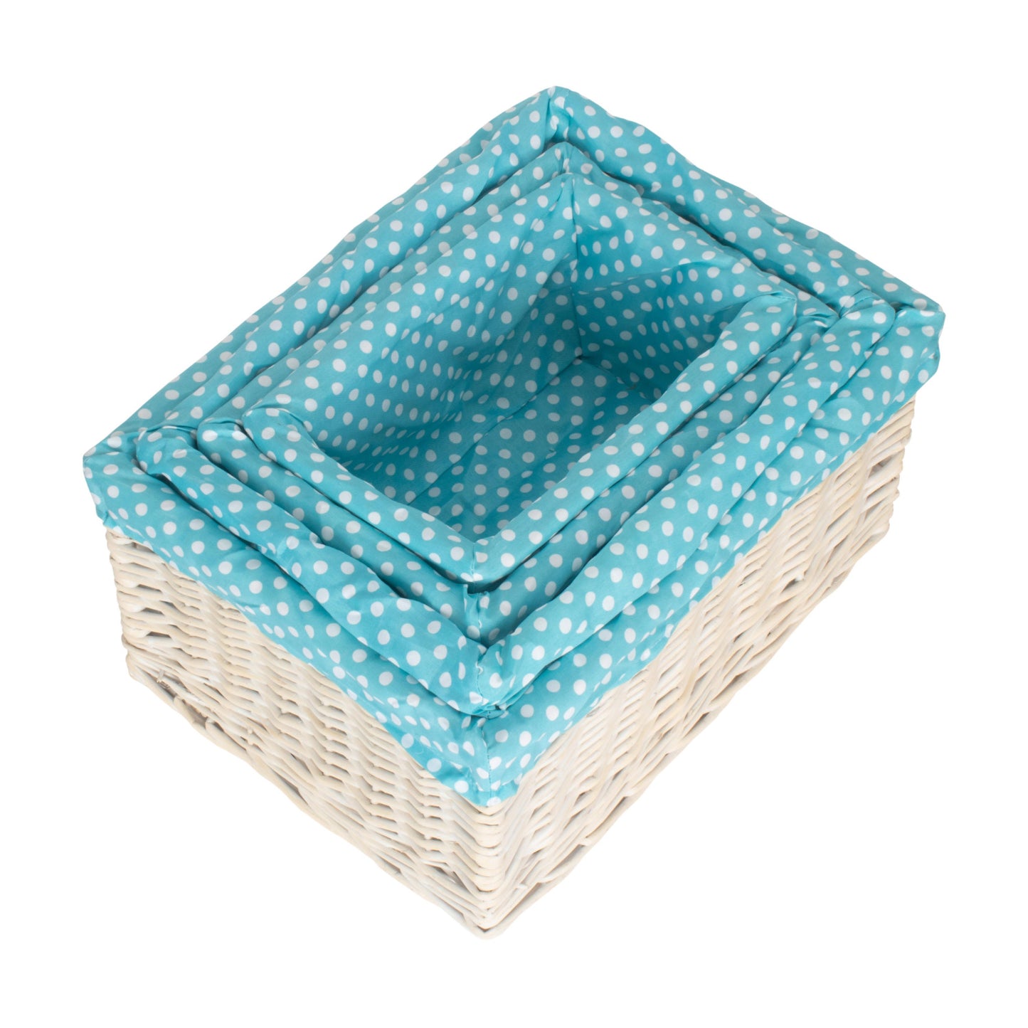 White Wash Storage Basket With Blue Spotty Lining Set 4
