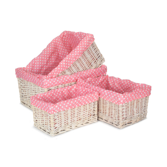 White Wash Willow Storage Basket with Pink Spotty Lining Set 4