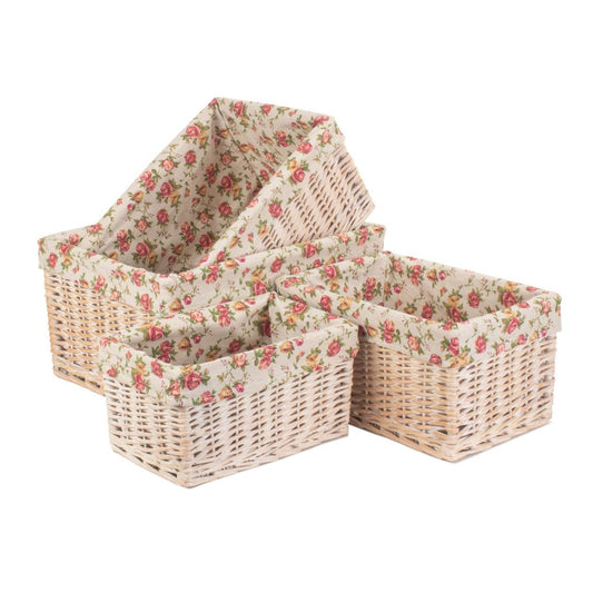 White Wash Willow Storage Basket with Garden Rose Lining Set 4