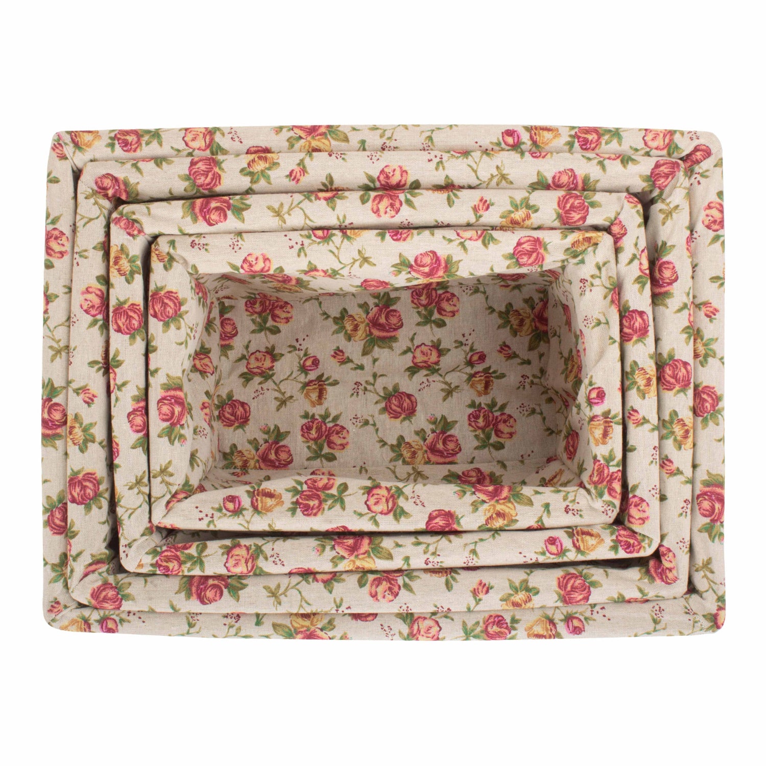 White Wash Willow Storage Basket with Garden Rose Lining Set 4