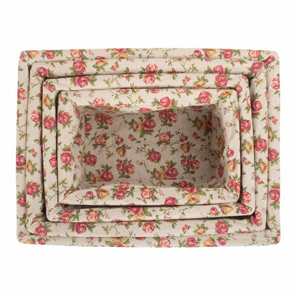 White Wash Willow Storage Basket with Garden Rose Lining Set 4
