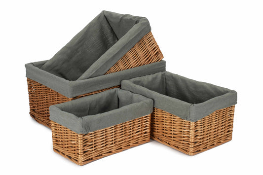Double Steamed Willow Storage Basket with Grey Sage Lining Set 4