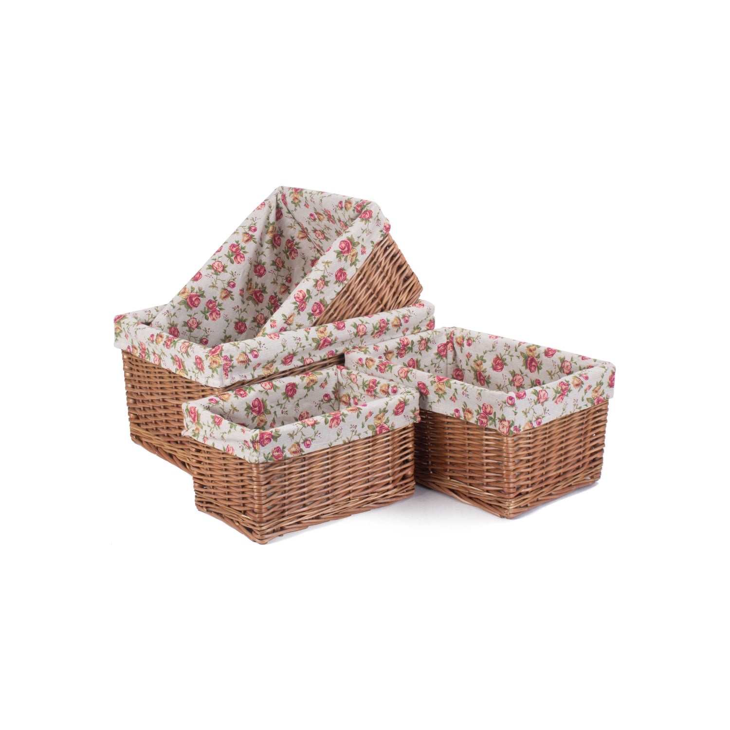 Double Steamed Willow Storage Basket with Garden Rose Lining Set 4