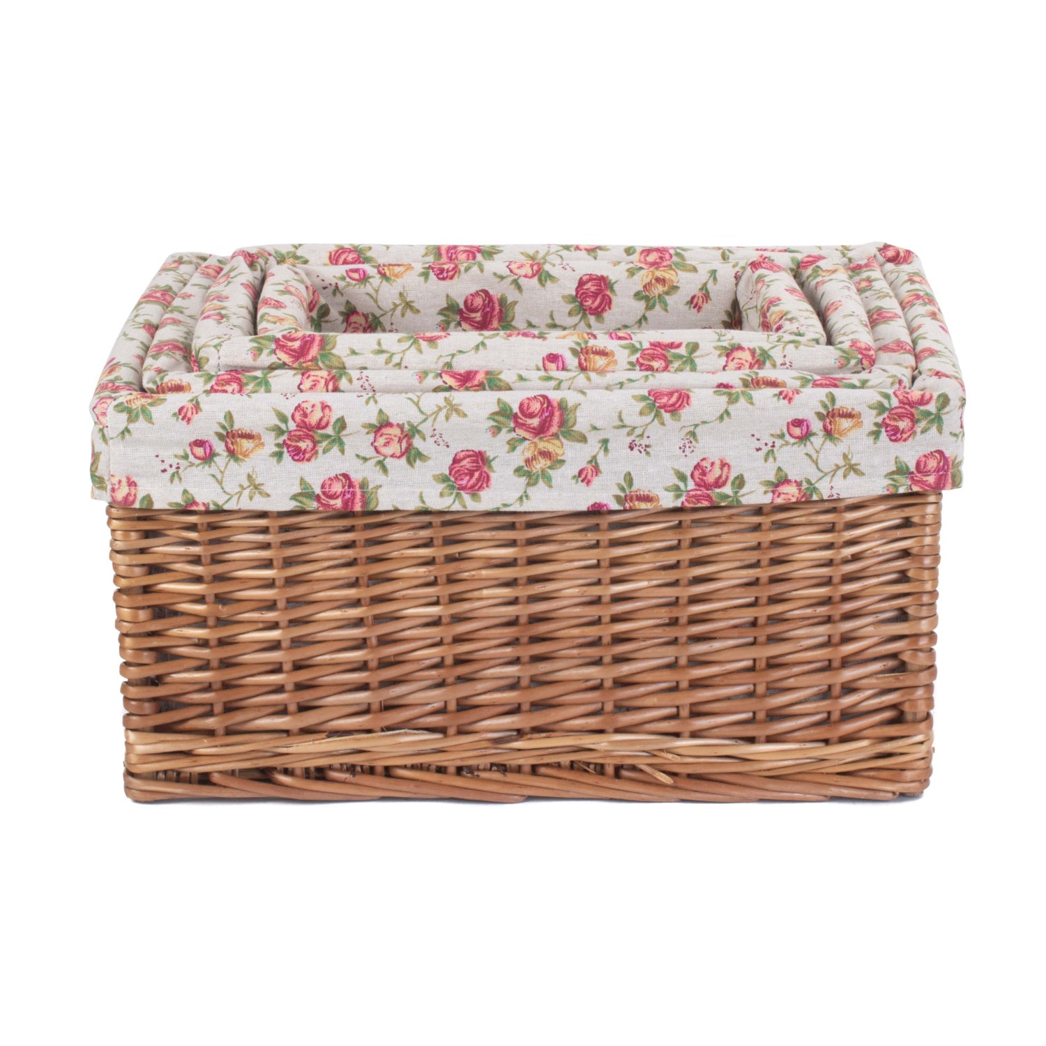 Double Steamed Willow Storage Basket with Garden Rose Lining Set 4