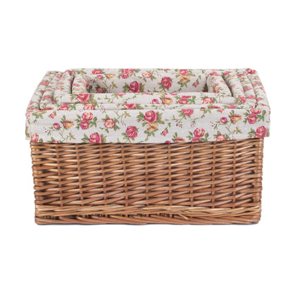Double Steamed Willow Storage Basket with Garden Rose Lining Set 4