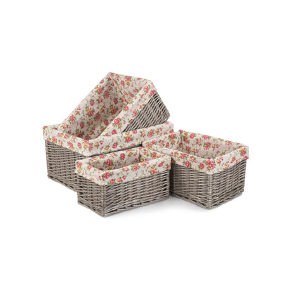 Antique Wash Willow Storage Basket with Garden Rose Lining Set 4