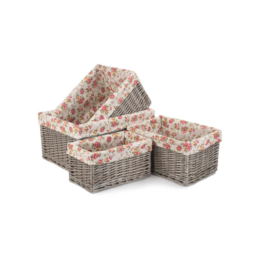 Antique Wash Willow Storage Basket with Garden Rose Lining Set 4