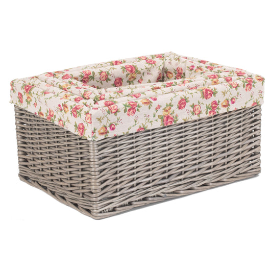Antique Wash Willow Storage Basket with Garden Rose Lining Set 4