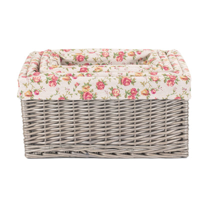 Antique Wash Willow Storage Basket with Garden Rose Lining Set 4