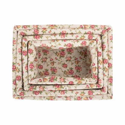 Antique Wash Willow Storage Basket with Garden Rose Lining Set 4